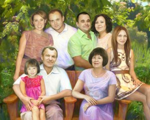Семейный портрет по фото на холсте в багетной раме